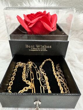 Set of 4 Gold Tone fashion Chain Bracelets with Red Rose Gift Box